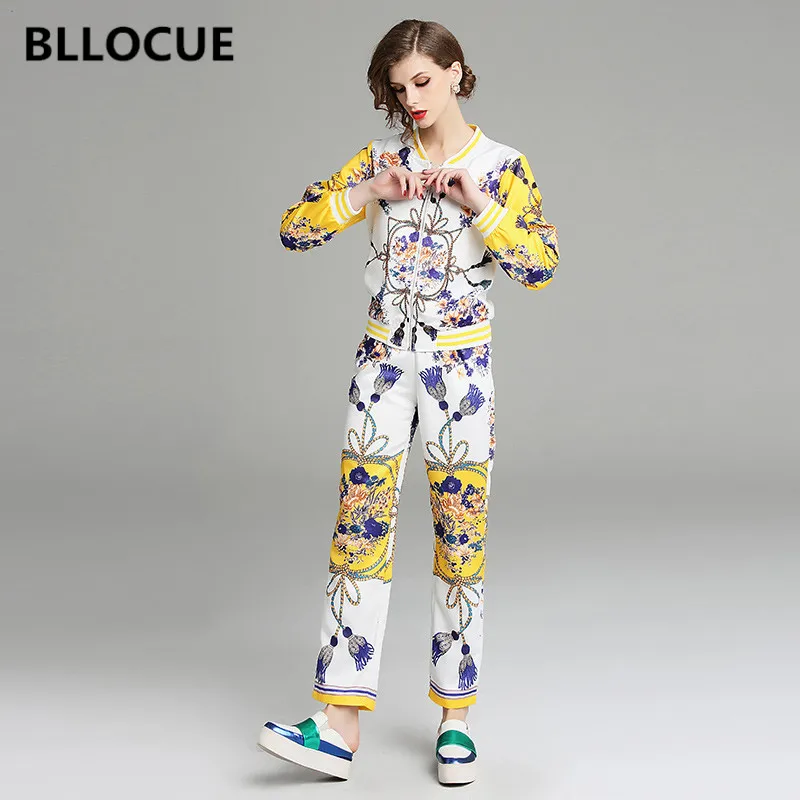 

BLLOCUE New 2018 Autumn Runway Designer Two Pieces Set Women's Long Sleve Print Jackets Coat + Vintage Pants Suit