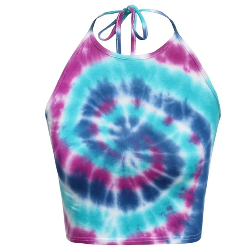 Women Fashion Women Halter Sleeveless Shirt Tie Dye Vest Short Tank Bustier Tops Camisole Bohemian Funny Festa Slim