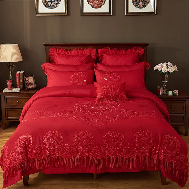 

Red Pink Oriental Wedding Duvet cover set Sain Cotton Lace Embroidery Bedding set Queen King size Bed spread sheet set Gifts