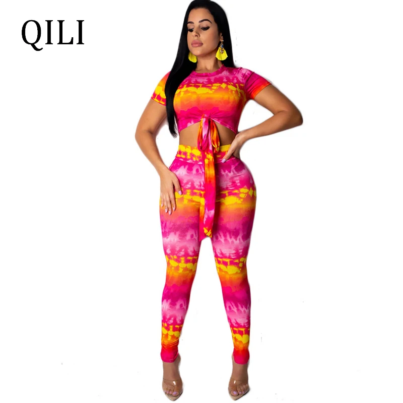 

QILI Women Short Sleeve Two Piece Set Printed Jumpsuits Top+Skinny Long Pants Jumpsuit Romper 2 Piece Fashion Casual Jumpsuits