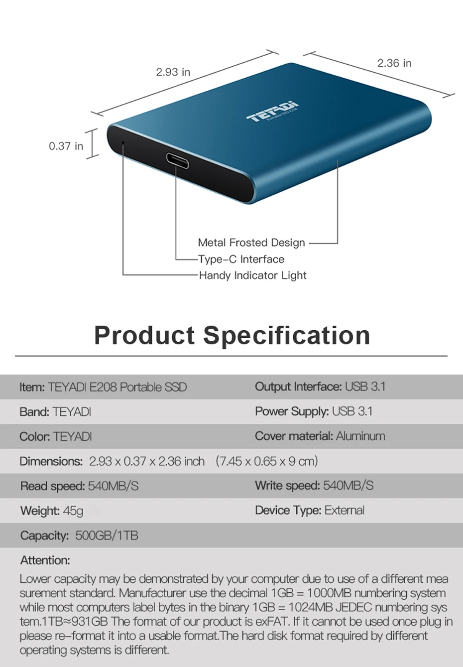 Внешний SSD накопитель TEYADI 1 ТБ 500GB type C USB 3,1 Gen 2, Портативный твердотельный накопитель, совместимый с Mac, ноутбуком, ПК