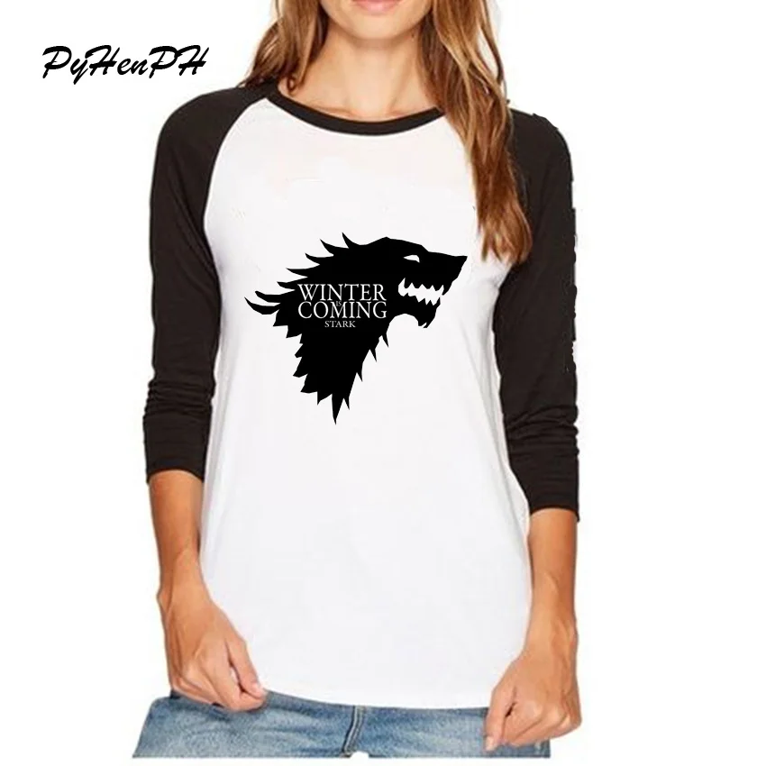 Игра престолов футболки женские Старк Зима идет голова Волка полный рукав футболка Femme женские топы классная брендовая одежда