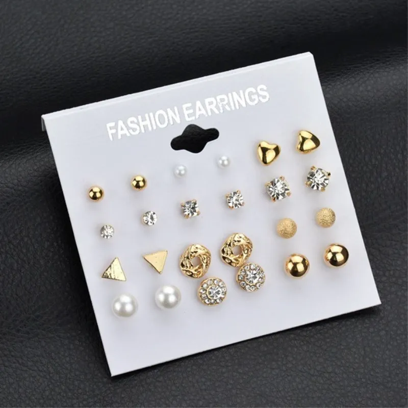 

Fashion 12 pair/set Women Square Crystal Heart Stud Earrings for Women Piercing Simulated Pearl Flower Earrings