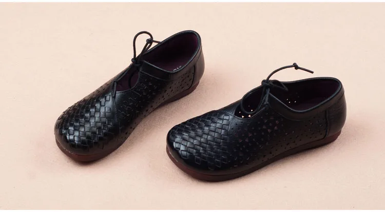 Women Flats 2018 Summer Retro Handmade Breathable Flat Cow Leather Hole Shoes Comfortable Female Sandals Lace Up Vintage Shoes (14)