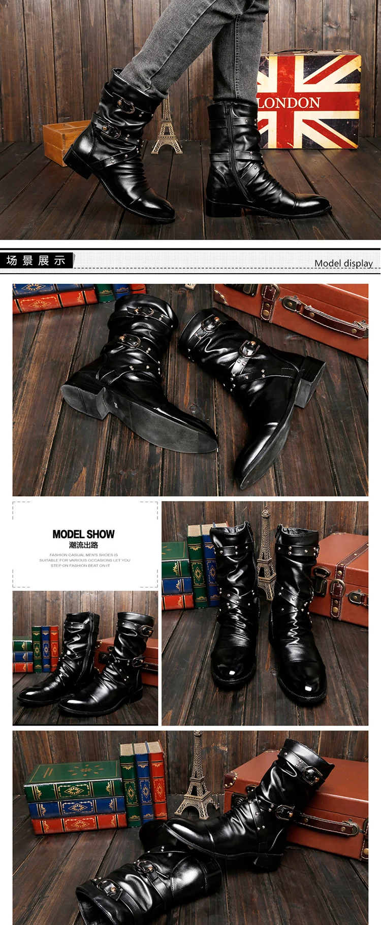Fashion Male Warm Ankle Motorcycle Boots Men Pu Leather Boots Winter Shoes Fashion Men Brithsh Shoes Plus Size Black