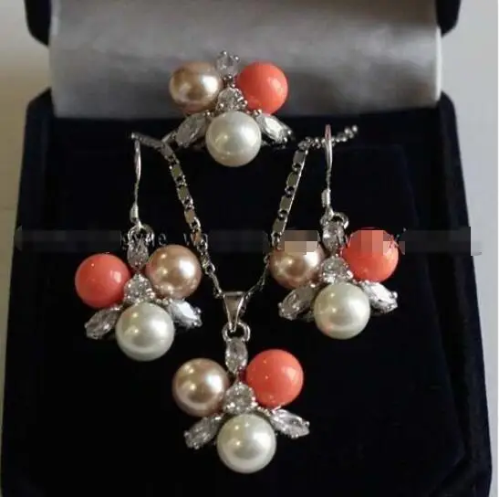 

Free shipping hot sale Women Bridal Wedding Jewelry >>8MM 3 Color South sea Shell Pearl Earrings /Ring / Necklace Pendant Set