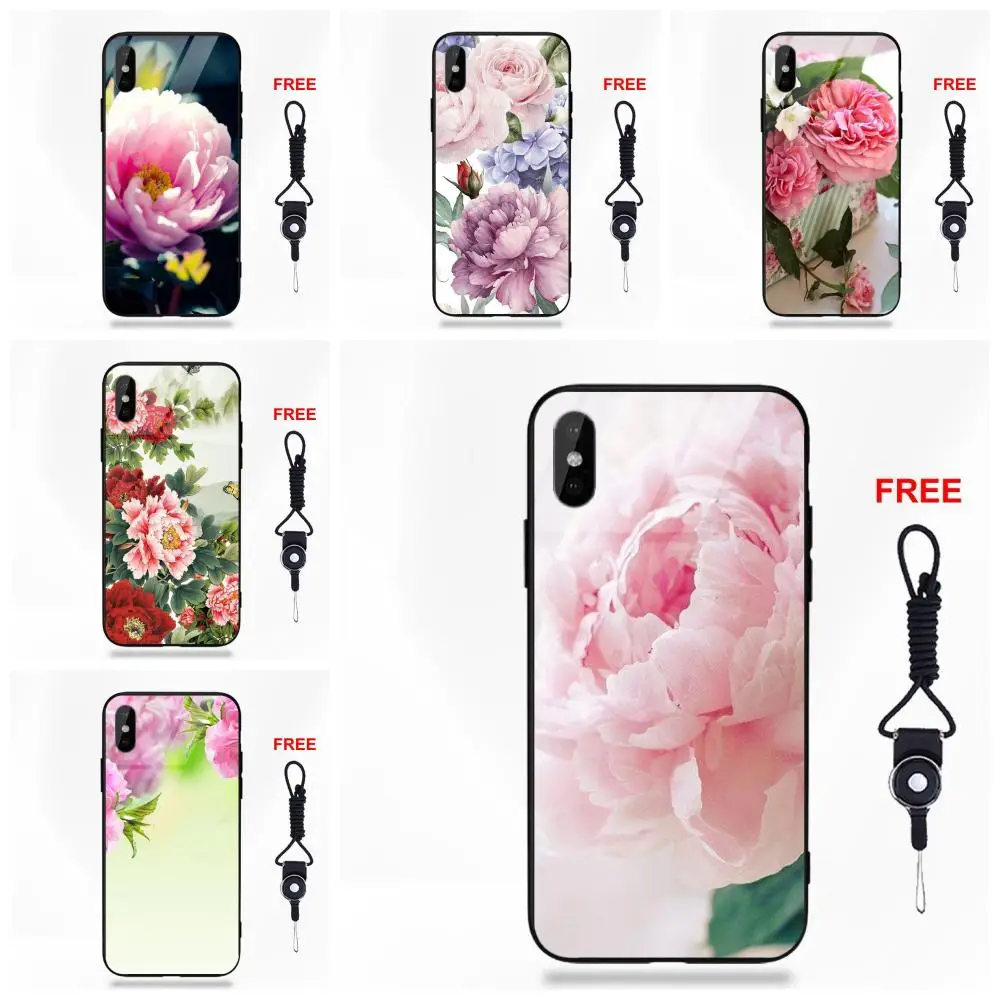 Soft TPU Frame+Tempered Glass Covers For Apple iPhone 5 5C 5S SE 6 6S 7 8 Plus X XS Max XR Art Peony Flower Beautiful Flowers | Мобильные