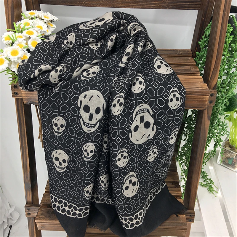 Женский хлопковый шарф в стиле панк с принтом черепа 180x100 см|printed scarf|skull print scarfdesigner