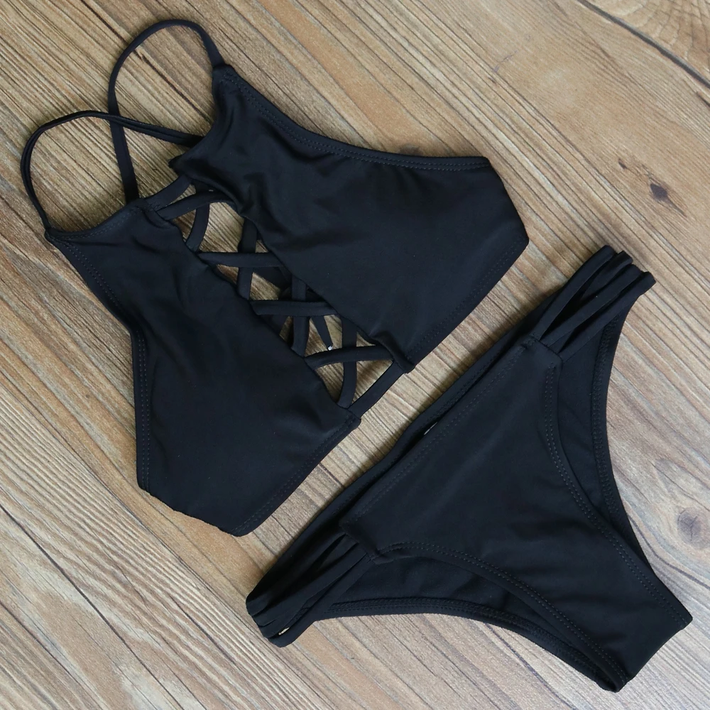 Biquinis 2018 Sexy Brazilian Black Bikini Top High Neck Swimwear Criss