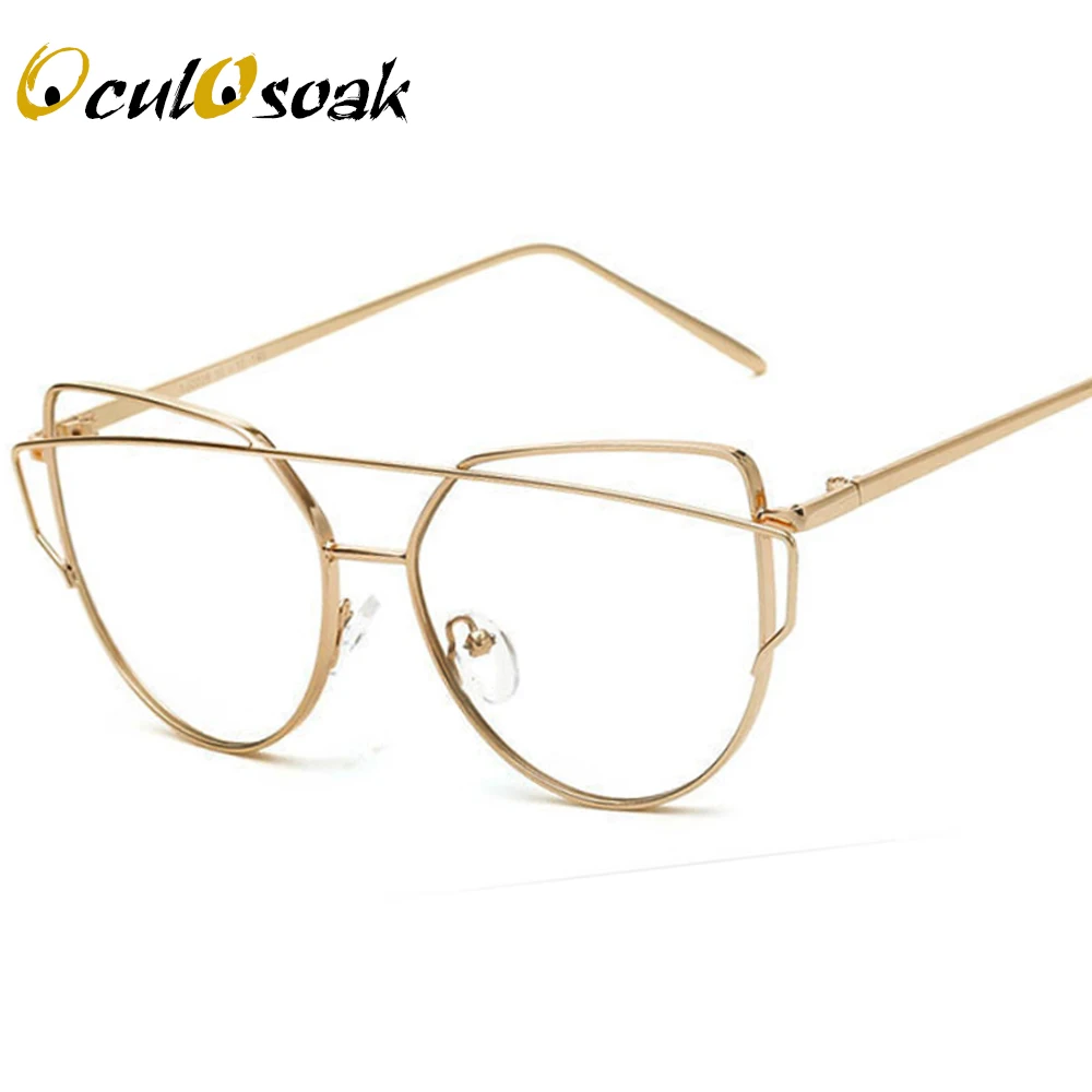 Очки, Золотая оправа, очки с прозрачными линзами, оправа для женщин, оптические очки кошачий глаз, очки для женщин, подарок - Цвет оправы: gold clear