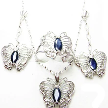 Натуральный сапфир Ювелирный Комплект бабочка 0.75ct* 4 шт драгоценные камни 1 шт кольцо 1 Пара висячие серьги 1 шт кулон 925 серебро# C190218006