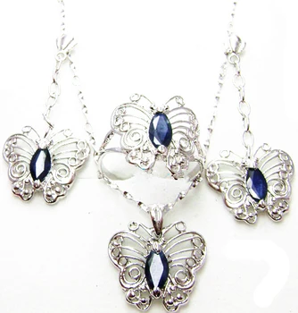 

Natural sapphire butterfly jewelry set 0.75ct*4pcs gems 1pc ring 1pair drop earring 1pc pendant 925 sterling silver C90218006