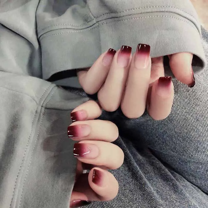 24pcs Wine Red Gradient Color Artificial Fake Full Finger Long Square Nails Acrylic False Nail Tips For Lady With Glue False Nails Aliexpress