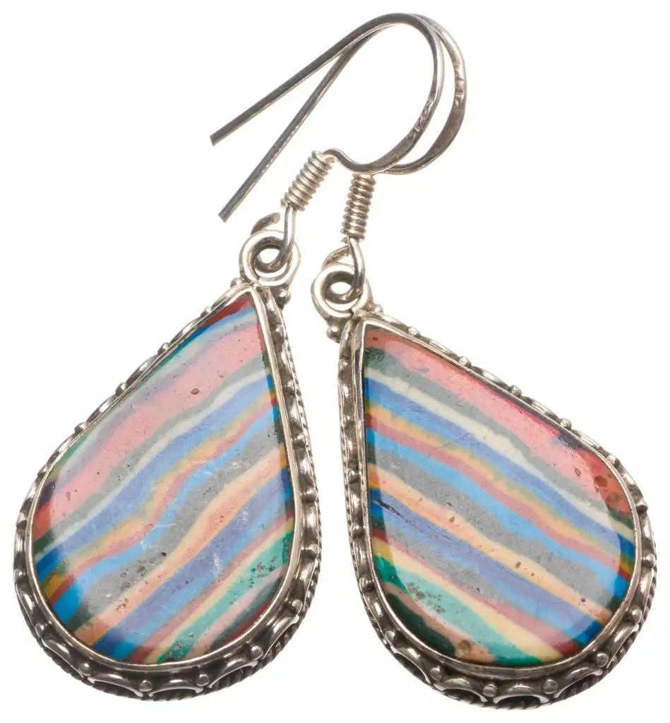 

Natural Rainbow Calsilica Handmade Vintage 925 Sterling Silver Earrings 1.75" U0981