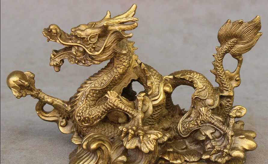 

hui88K774<<<8'' Chinese Totem Wealth Dragon Ball YuanBao Copper Coiling Dragons Brass Statue