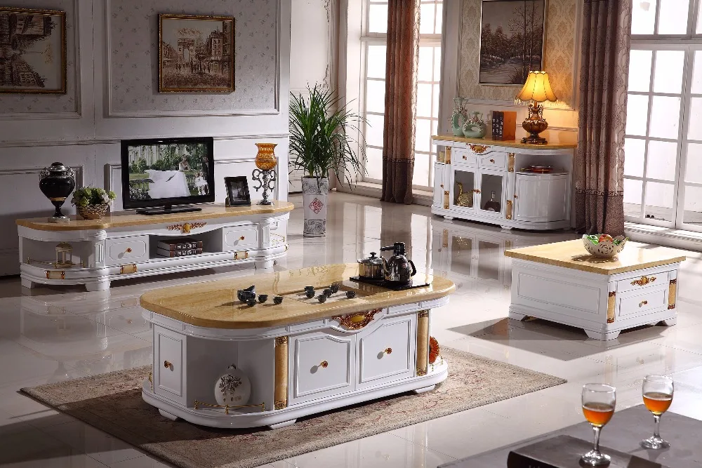 الأبيض خشبي غرفة المعيشة مجموعة طاولة القهوة + نهاية الجدول + حامل تلفاز + طاولة وحدة التحكم صنع في الصين الأثاث