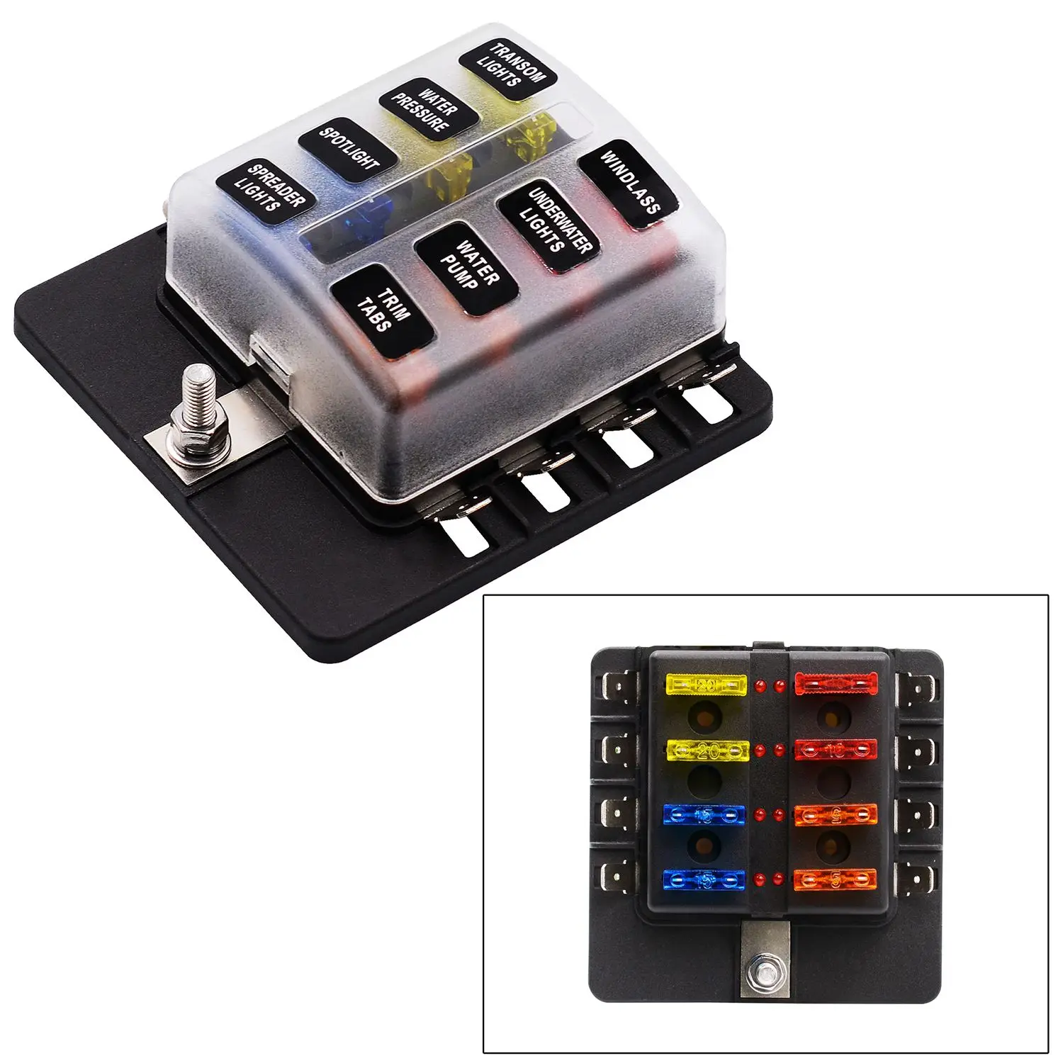 8 Way Spade Terminal Blade Fuse Box Holder with LED Light Kit for Car