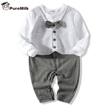 PureMilk/хлопковые детские комбинезоны с бантом; одежда с длинными рукавами для новорожденных