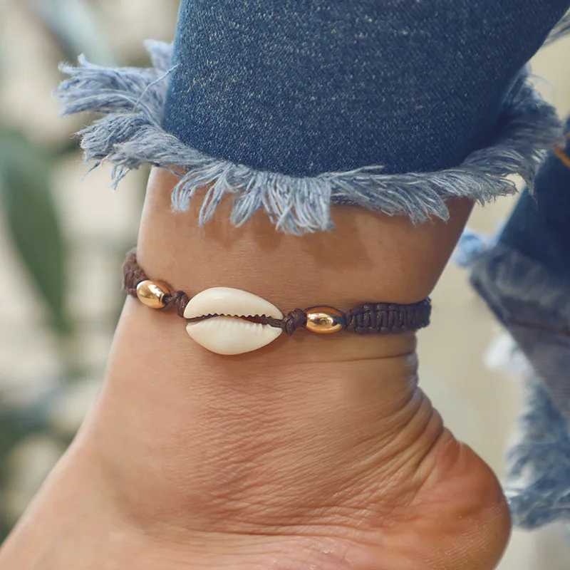 

Fashion Bohemian style hand-knotted chain anklet lucky natural shell ankle bracelet ladies summer beach boho style jewelry