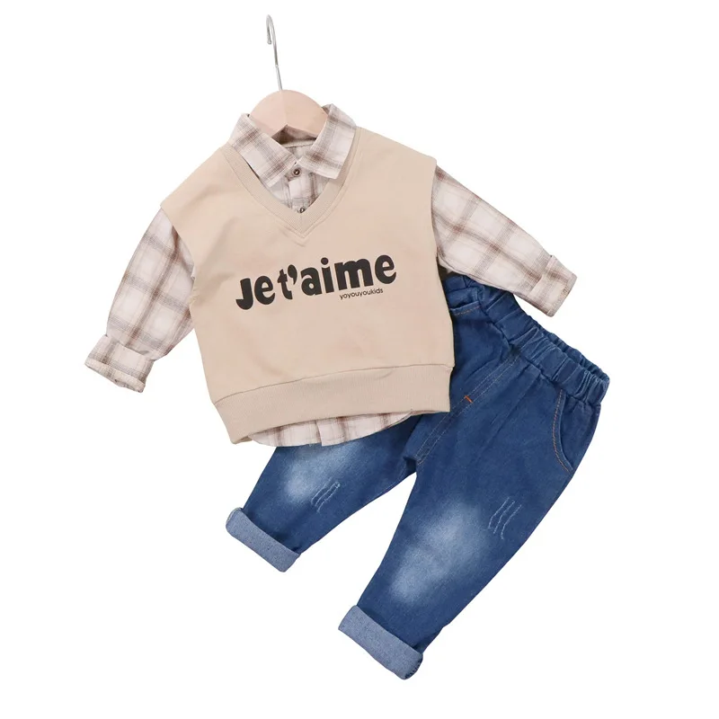 

2019 Boys Clothes Suits 3pcs Baby Kids Boys Outerwear V-neck vest +Jacket denim pants Baby Sport Boys Clothing Sets