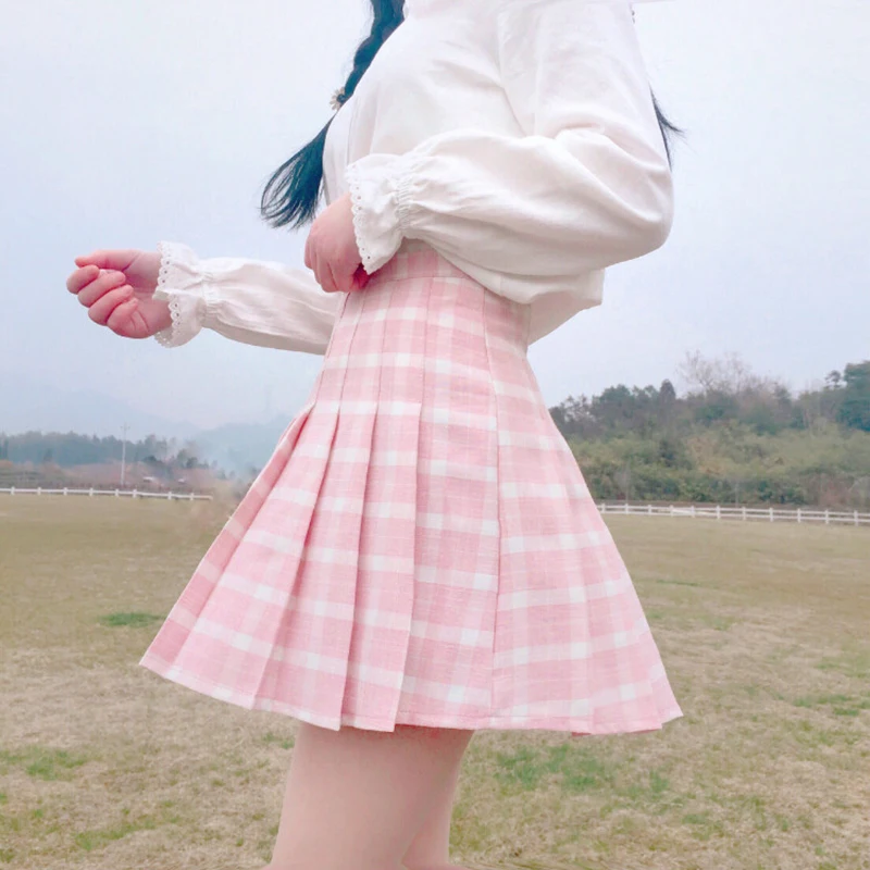 Летняя розовая клетчатая юбка в складку для женщин японский милый с высокой талией Мини юбки универсальная клетчатая тонкая верхняя юбка J043