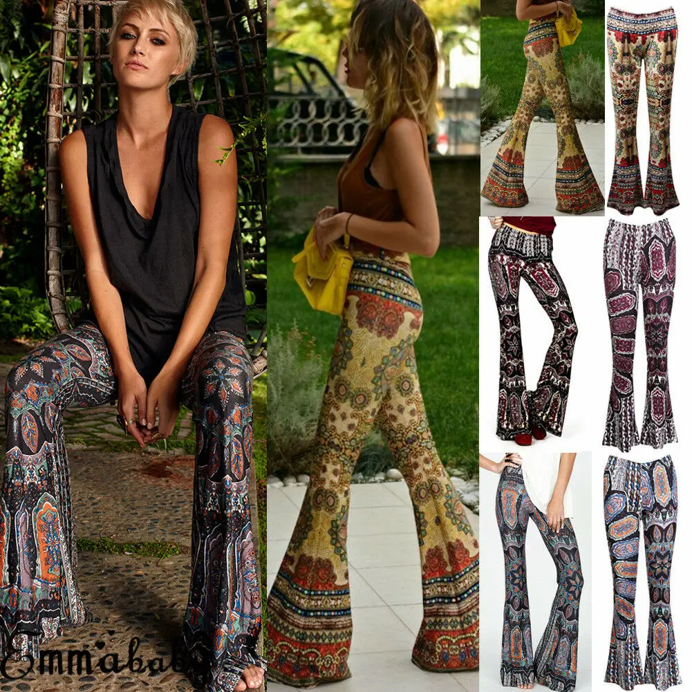 

Long Flare Trousers Beach Style Stylish Women Boho Printed High Waist Stretch Slim Flare Bell Bottom Pants