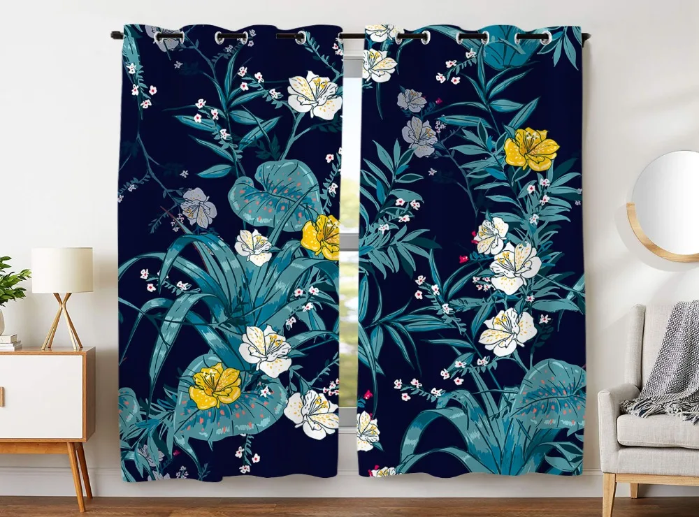 

HommomH Curtains (2 Panel) Grommet Top Darkening Blackout Room Vintage Tropical Flower Blue