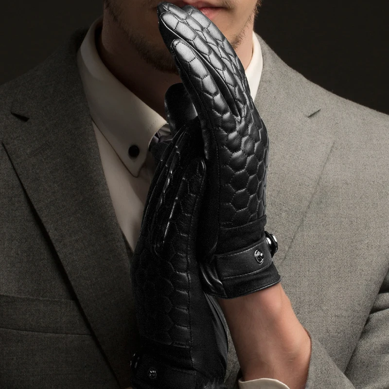 BOOUNI мужские перчатки из натуральной кожи, модные клетчатые черные деловые перчатки из овчины для вождения, зимние Утепленные перчатки с пятью пальцами NM764