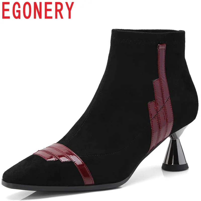 

EGONERY women shoes 2018 newest popular three colors faux suede mixed colors high strange style square toe slip-on ankle boots