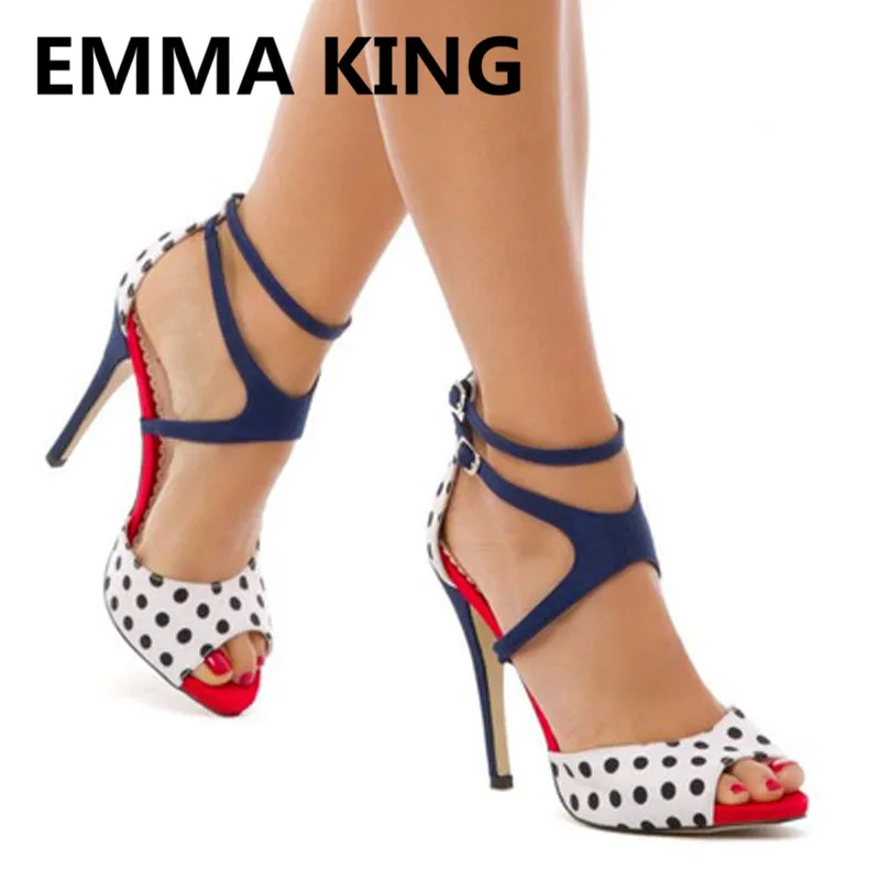 

Design Polka Dot Prints Sandals For Women Peep Toe Ankle Strap High Heels Ladies Summer Party Shoes Woman Sexy Gladiator Sandals