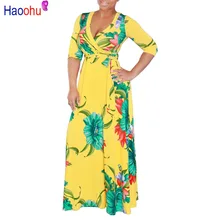 HAOOHU размера плюс богемное длинное платье для женщин осень зима Туника Макси пляжное платье Золотое женское платье в пол
