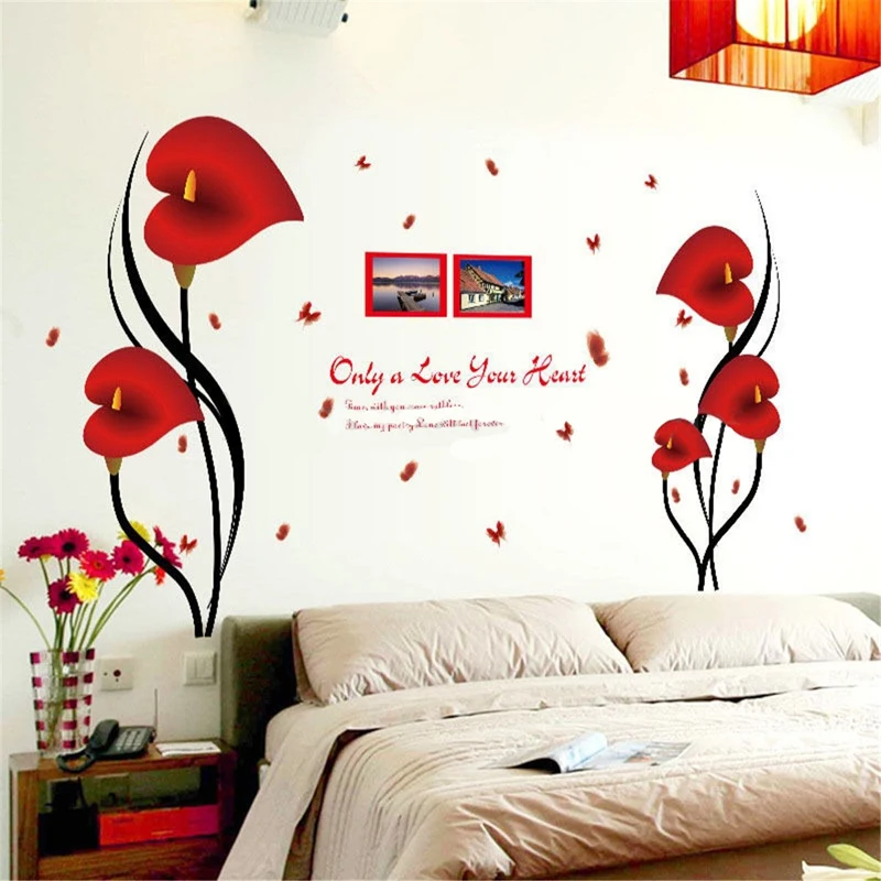 JX-LCLYL Removable Vinyl Red Love Flower Photo Frame Tree Wall Decal Sticker Home Decor