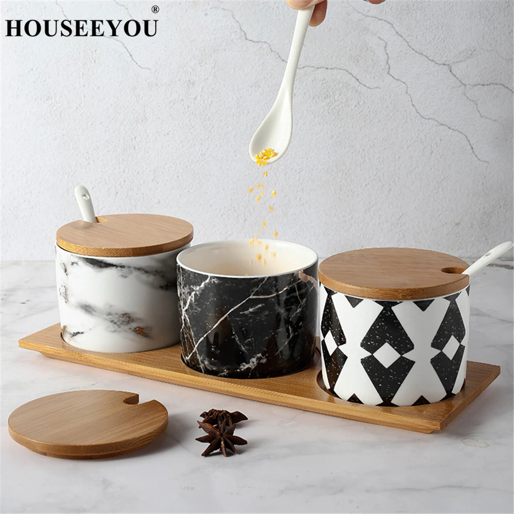 

Nordic Marble Pattern Ceramic Seasoning Box Set Spices Herb Salt Sugar Pepper BBQ Jar Bottle Box Kitchen Storage Organizer Tool