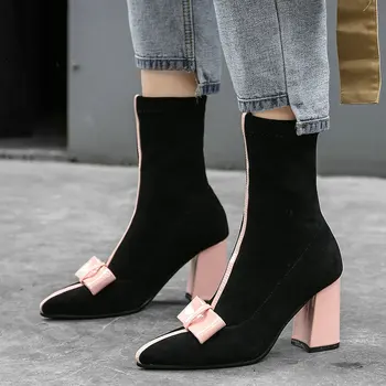 

Pointed Toe Chunky Heels Sock Boots Women Fashion Bow Shoes Woman Faux Leather Ankle Boots Winter Short Boots Pink Yellow Black