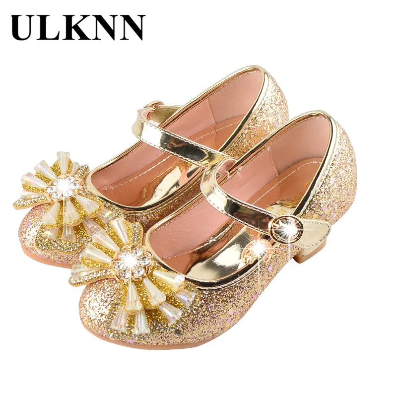 

ULKNN Baby Girls High Heel Shoes For Kids PU Leather Cow Muscle Crystal Rhinestone Butterfly 2019 Spring Autumn Children Shoes