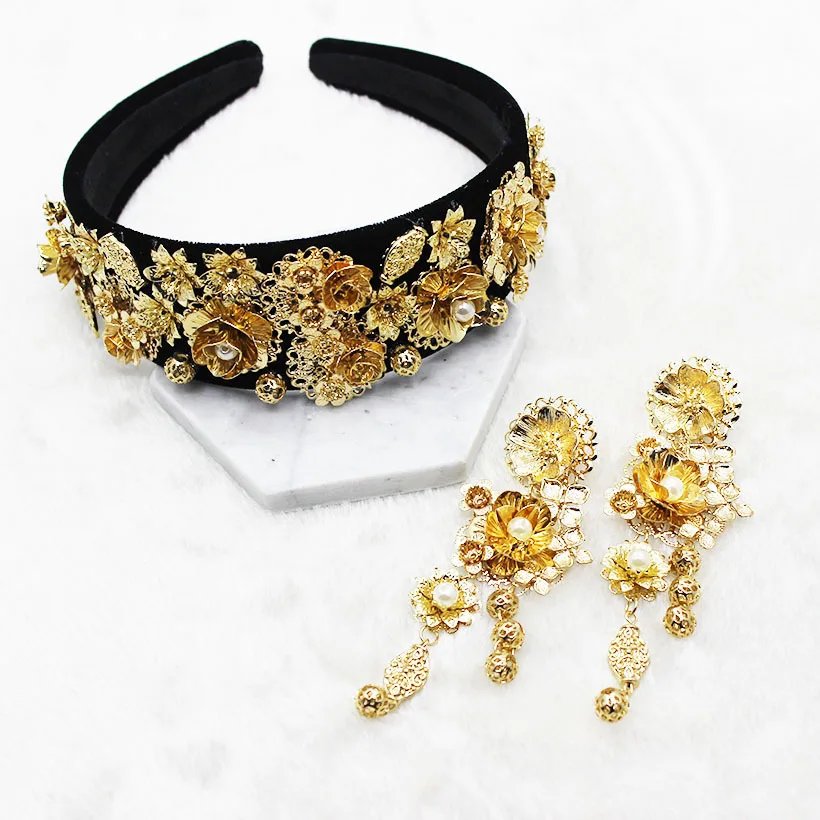 

New Fashion Golden Sunflower Leaf Crown Baroque Prom Hair Band Pearl Hair Jewelry Wedding Tiara Accessories Gift For Women Party