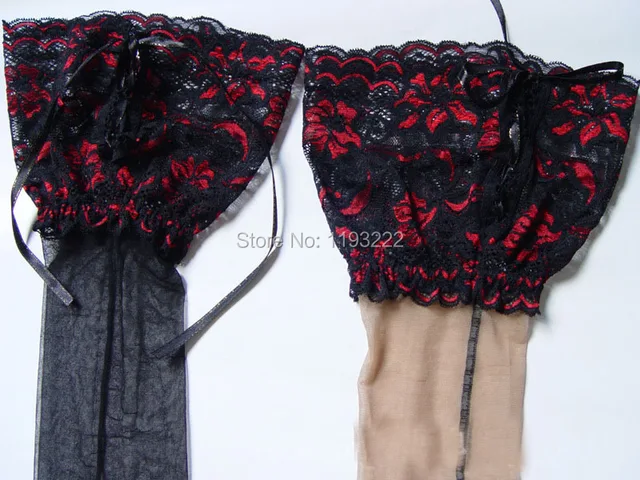 Punk Maid Sexy Cuban Heel Back Seam Stockings Wide Lace UP Hold Up Silicone 16cm Floral Top Thigh High Cross Bandage Stockings