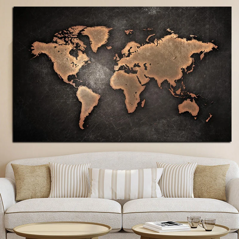 Abstract 3D World Map Canvas Painting Classical Black World Map Print On Canvas for Office Room Picture Wall Art Cuadros Decor