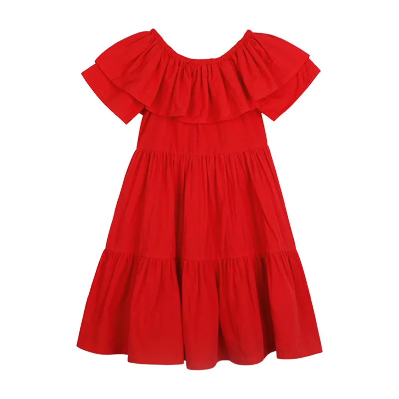 

4 to 14T kids & big girls summer solid red off the shoulder ruffle cotton casual flare dress children fashion dresses clothes