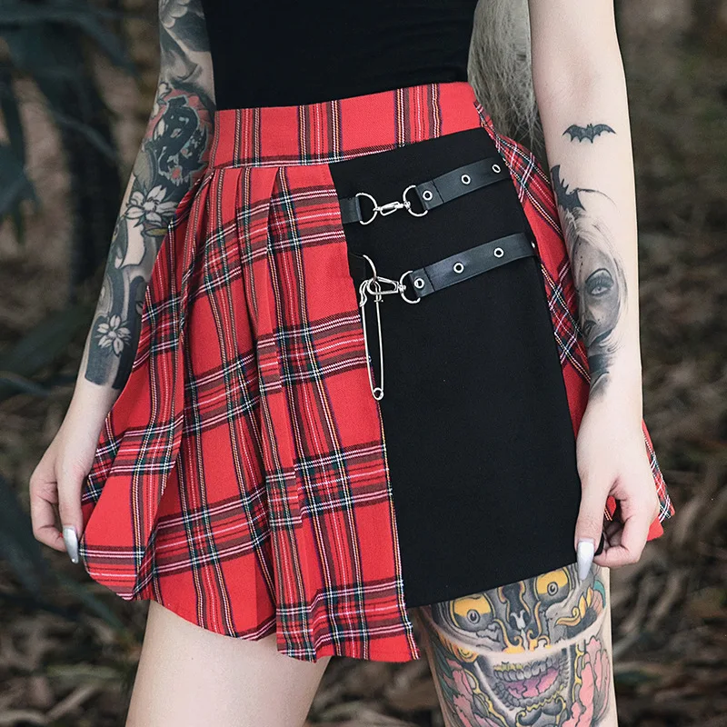 

Women Summer Gothic High Waist Skirt Plaid Black Asymmetrical Solid Patchwork Pleated Skirt Sexy Women Mini Skirts Party Outfits
