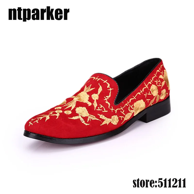 Ntparker/летние мужские замшевые лоферы; обувь для вечеринок в европейском стиле; повседневная кожаная мужская обувь с красной цветочной вышивкой; слипоны; EU38-46