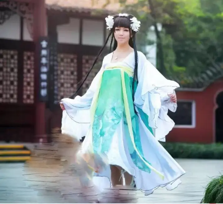 Груша цветок Персонификация Зеленый шифоновое платье, мужской, женский, для пар влюбленных костюм Hanfu Cos Shen qingqiu аниме Hanfu