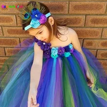 Элегантное платье-пачка с павлином и повязка на голову с цветком для маленьких девочек; свадебное платье-пачка с павлином; Детский костюм для дня рождения; TS117