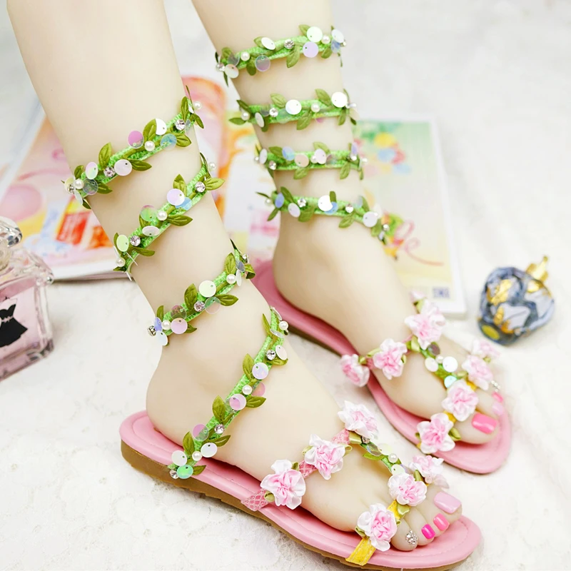

2016 Summer Flat Heel Beach Shoes Wedding Sandals Green Leaf and Glitter Sneak Style Women Sandals Dance Performance Party Shoes