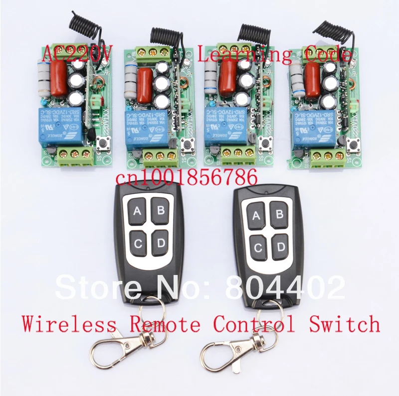 

220V Wireless Remote Controller Wireless Power Switch System 4 Receiver& 2 Transmitter 1CH 10A Light Lamp LED SMD ON OFF