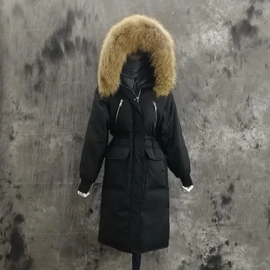 Зимнее модное брендовое пальто на утином пуху с воротником из натурального меха енота, женская тонкая длинная теплая пуховая парка с капюшоном, подходит для-25, wq614