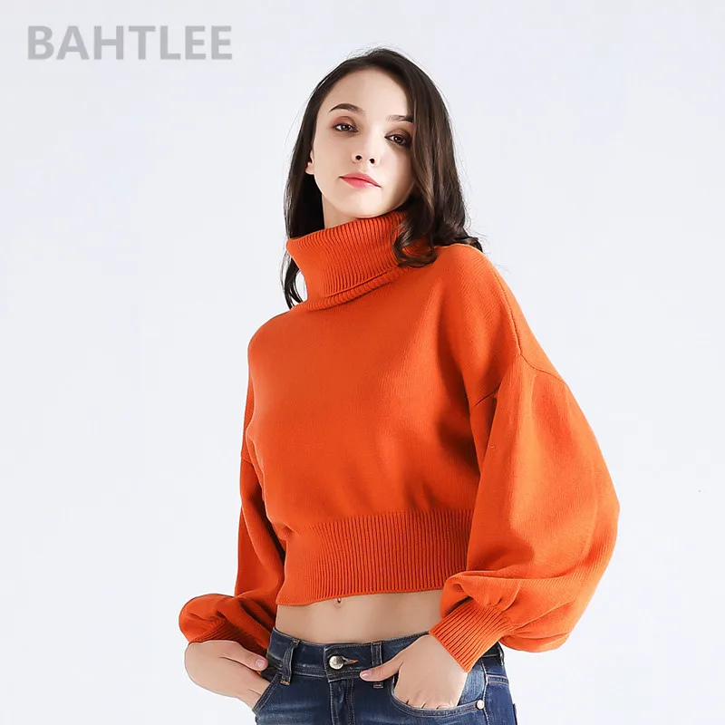 

BAHTLEE autumn winter women's turtleneck Sweater Cashmere wool knitted pullovers lantern sleeve looser thick short style