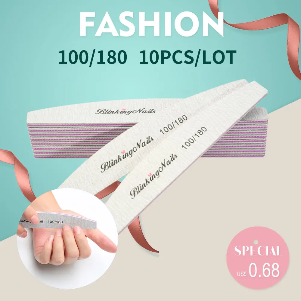 

BlinkingNails Professional Nail Files 100\180 Gel Nail File 100/180 10pcs Standard Half Moon Style Disposable Nail Files