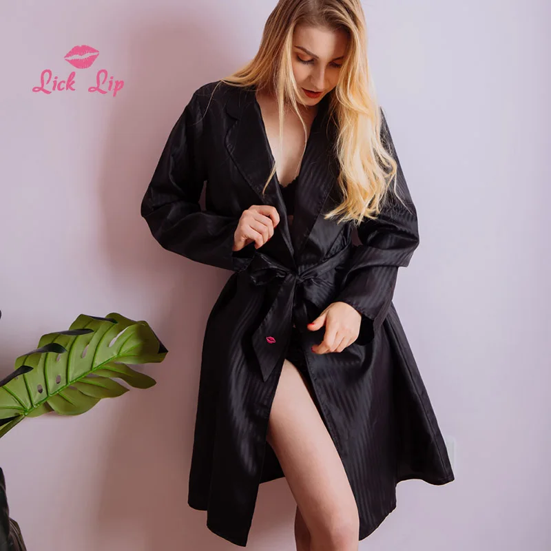 

Lick Lip Sexy Striped Bathrobe Women Satin Knee-Length Ladies Nightwear Black Belt Embroidery Kimono Robe Females SWC3359-47