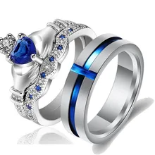 Принцесса Корона Форма Диадемы синий кубический циркон обручальные кольца для мужчин и женщин нержавеющая сталь тонкая проволока пара колец